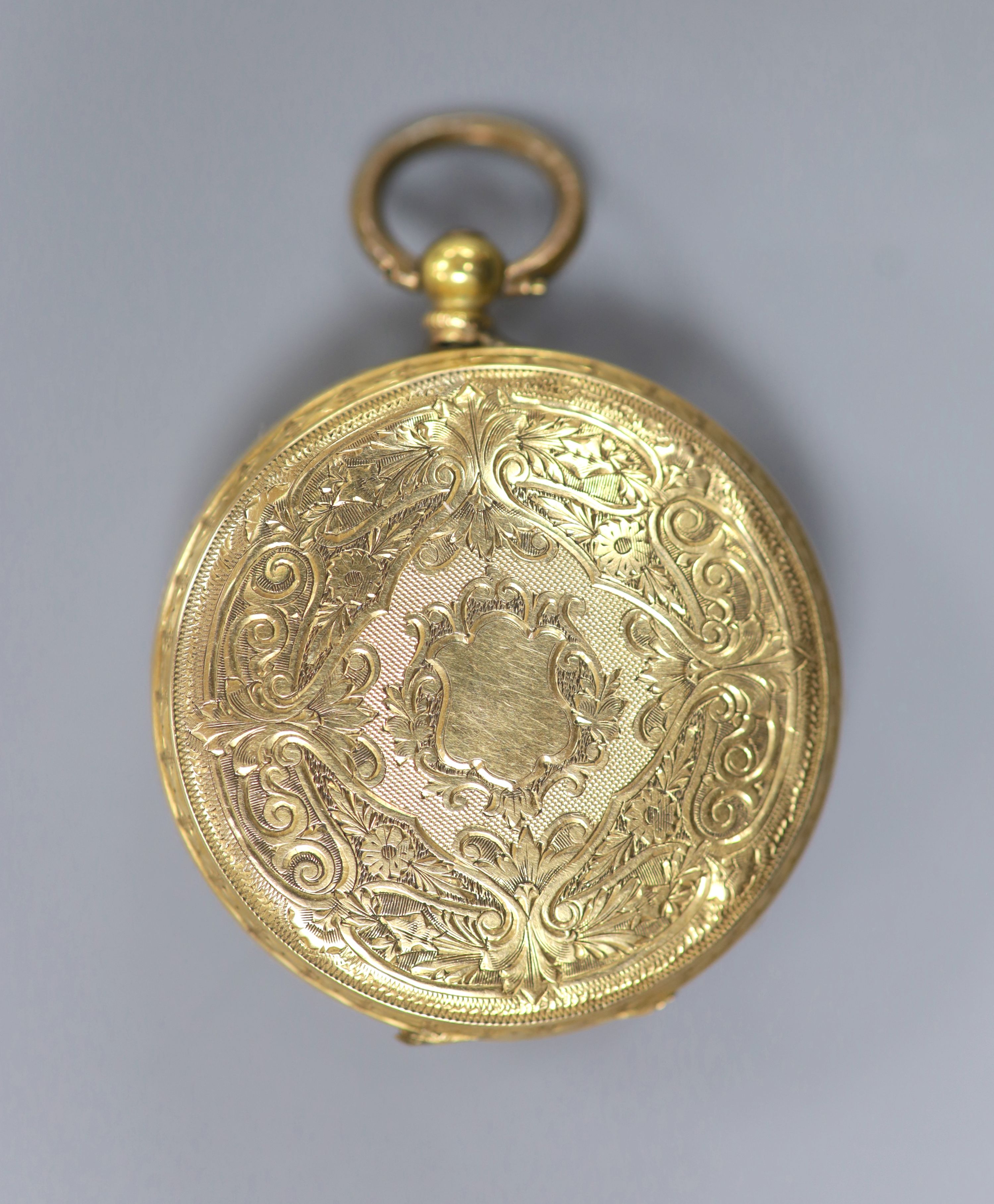 A lady's continental engraved 18k yellow metal open face pocket watch